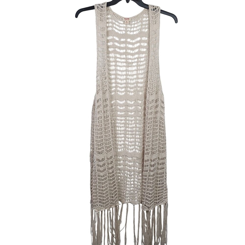Boho Fringe Crochet Eyelet Lace Beige Longline Festival Hippy Fairy Cardigan XXL - Picture 2 of 10